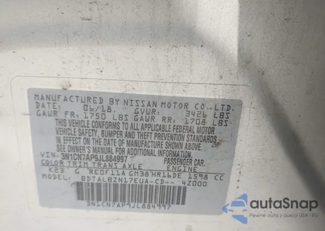 2018 Nissan Versa 1.6 Sv из США, поврежденный, VIN 3N1CN7AP9JL884997